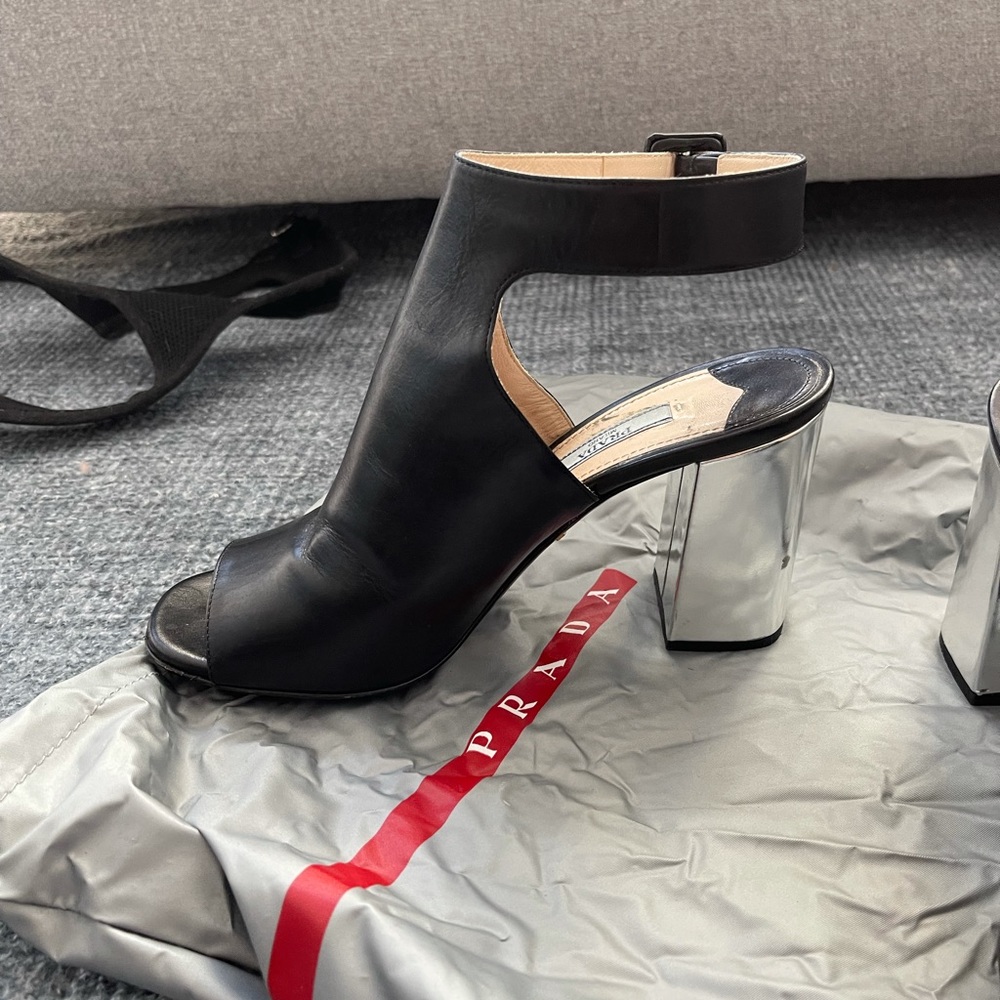 Prada Black/Silver Bicolor Open-Toe Block-Heel Sa… - image 1